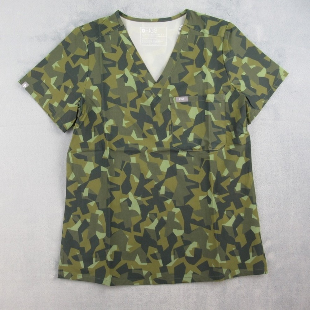 FIGS Catarina One-Pocket Scrub Top Green Geometric Camo Print W23SW1066 Womens S